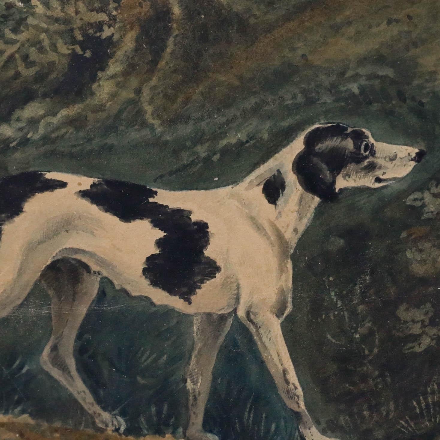 The charming depiction of two English pointers stalking through a woodland landscape. Unsigned. Beautifully presented in a maple frame. On paper.