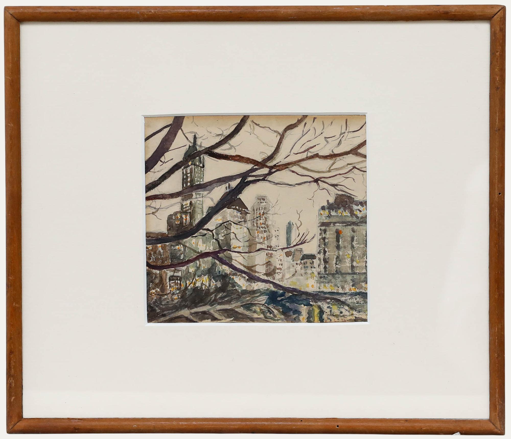 Landscape Art de Unknown - Acuarela enmarcada de mediados del siglo XX - Manhattan Winter
