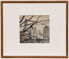 Gerahmtes Aquarell aus der Mitte des 20. Jahrhunderts - Manhattan Winter