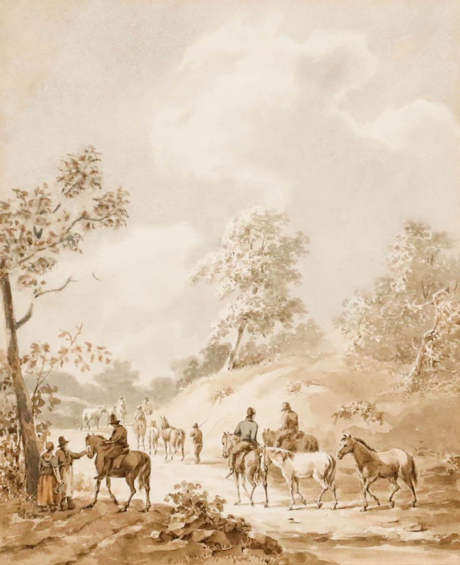 Acuarela de la escuela francesa del siglo XIX - Caballos y jinetes en un camino rural - Art de Unknown