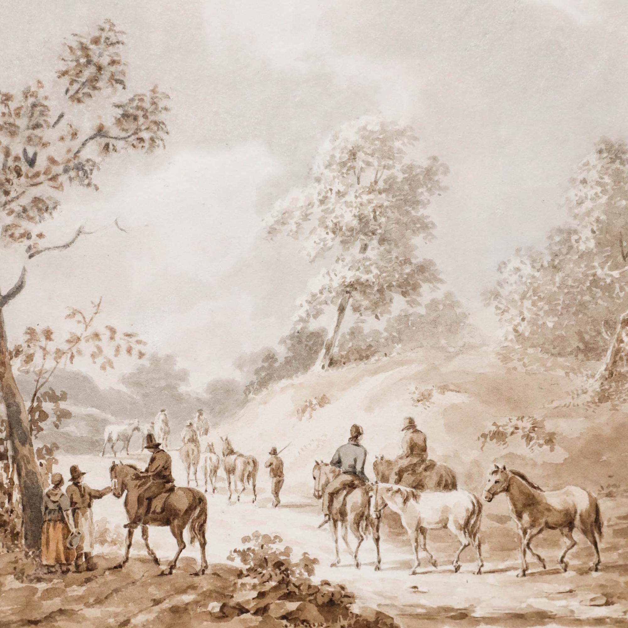Este dibujo de paisaje pastoral representa una serena escena campestre con viajeros y sus caballos reunidos a lo largo de un sinuoso sendero, enmarcados por árboles graciosamente representados y colinas ondulantes. Sin firmar. Presentado en marco