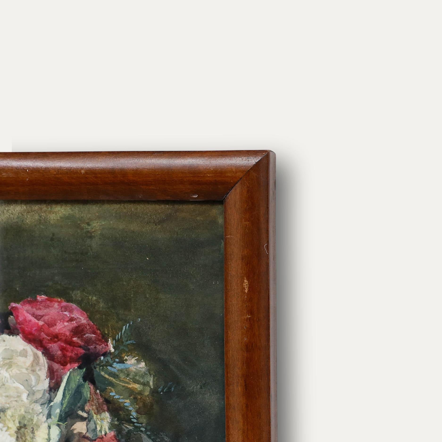 Acquerello incorniciato dei primi del Novecento - Natura morta con rose in vendita 1
