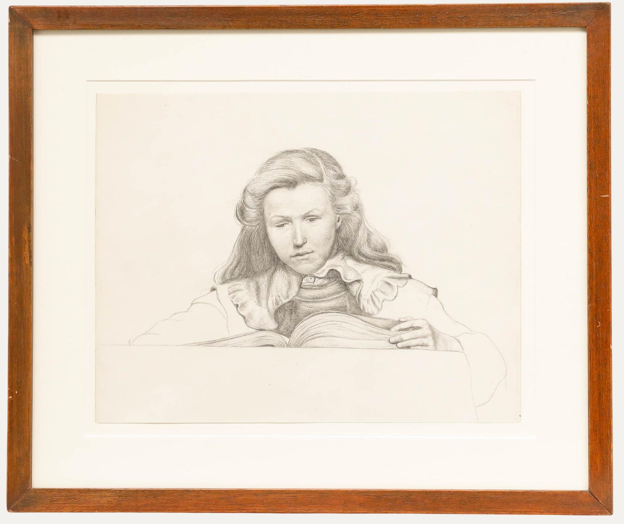 Unknown Portrait - William Henry Ladd - Framed Early 20th Century Graphite Drawing, Studying