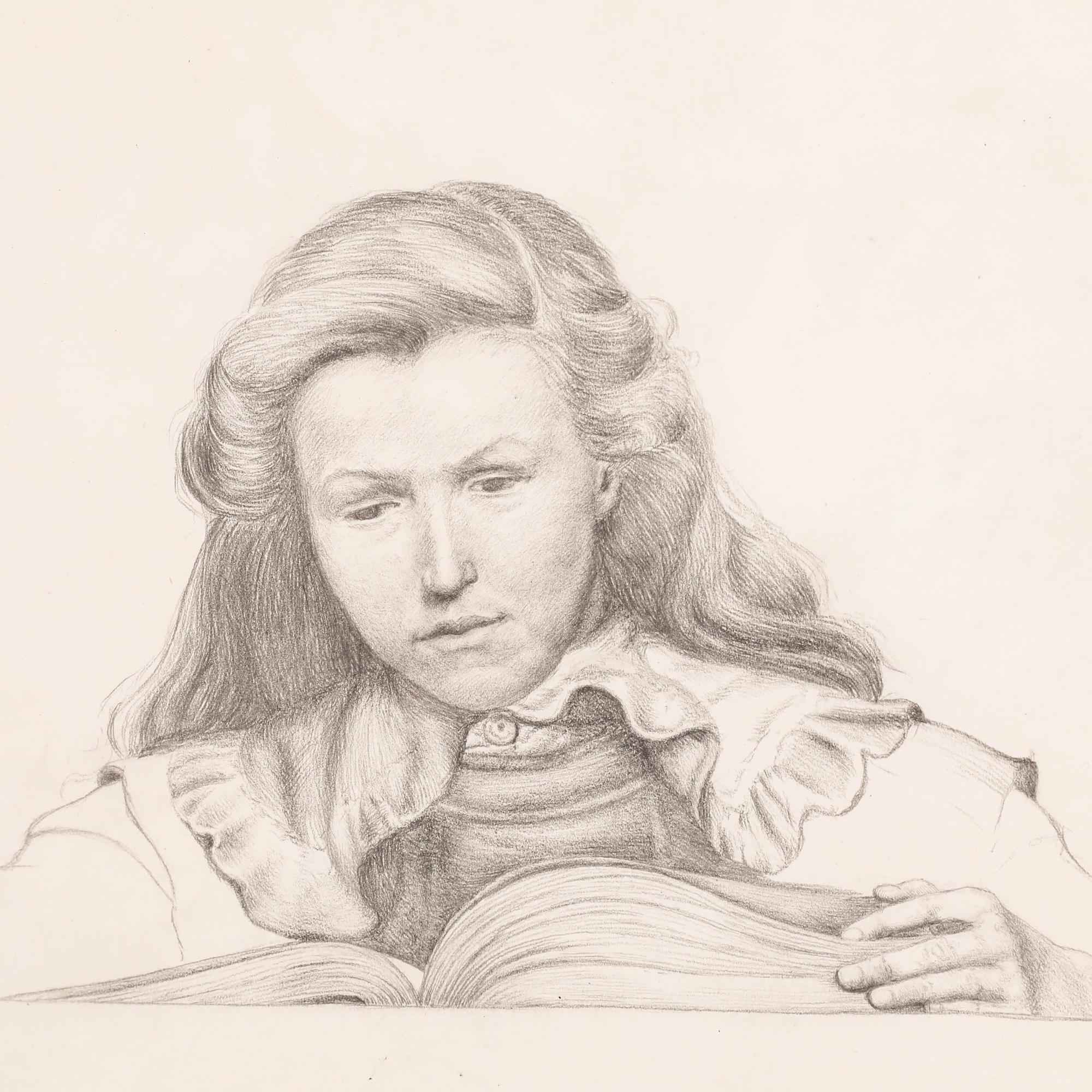 A meticulously detailed pencil study depicting a young woman reading. Float mounted in a dark wooden frame. The artwork is unsigned. However, it was acquired alongside a larger collection of the artist's work. On paper.