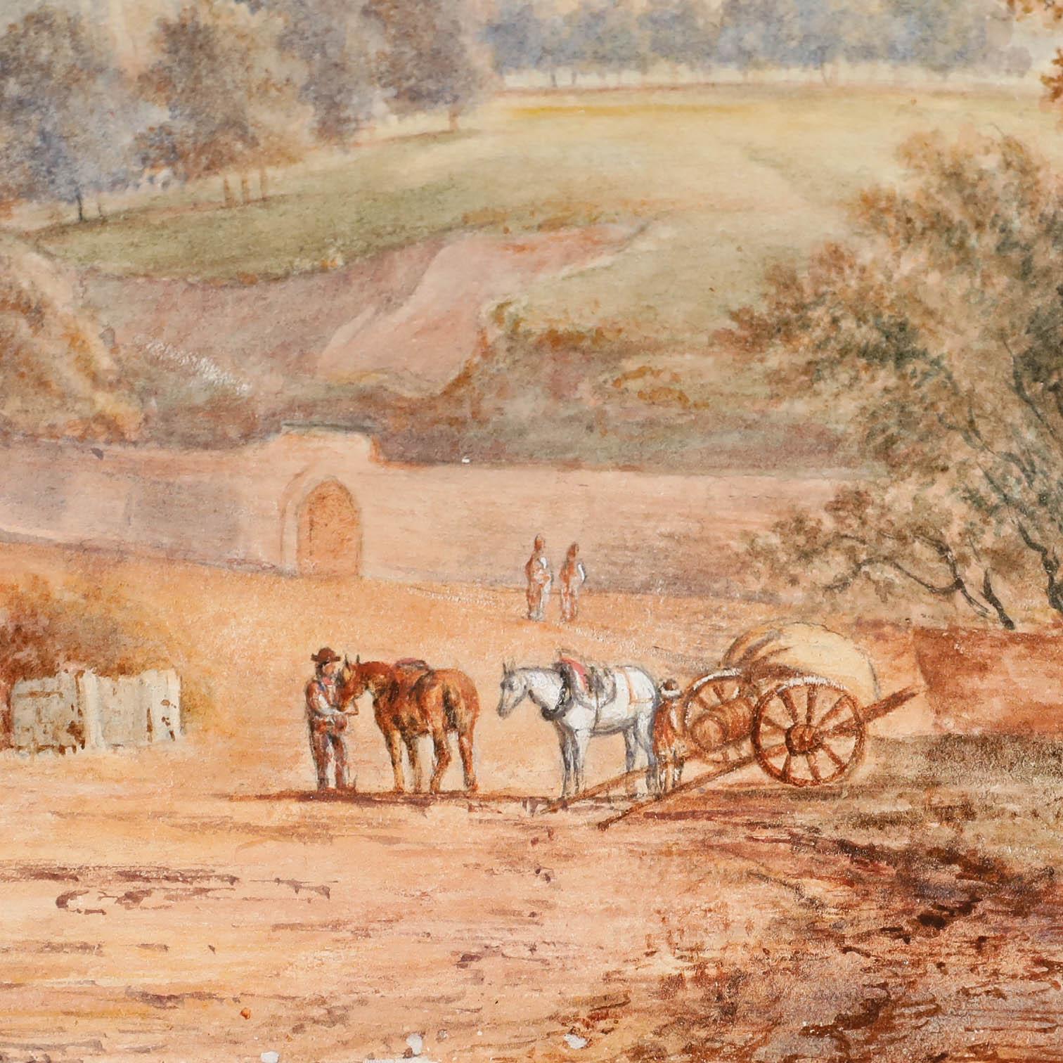 Mary Matcher - Acquerello del 19° secolo, Castello di Edimburgo e Holyrood House - Landscape Art Beige di Unknown