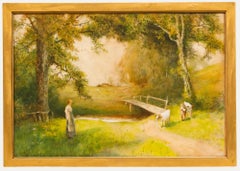 Frederick Hines (fl.1875-1928) - Gerahmtes Aquarell, Rinder neben einem Steg