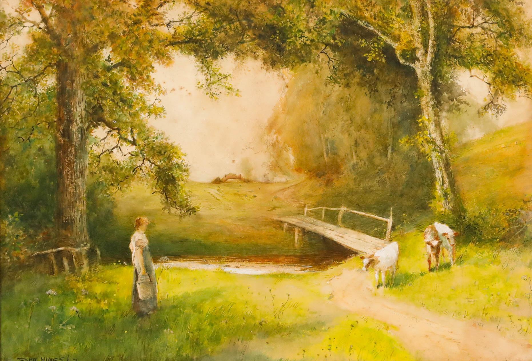 Frederick Hines (fl.1875-1928) - Gerahmtes Aquarell, Rinder neben einem Steg im Angebot 1