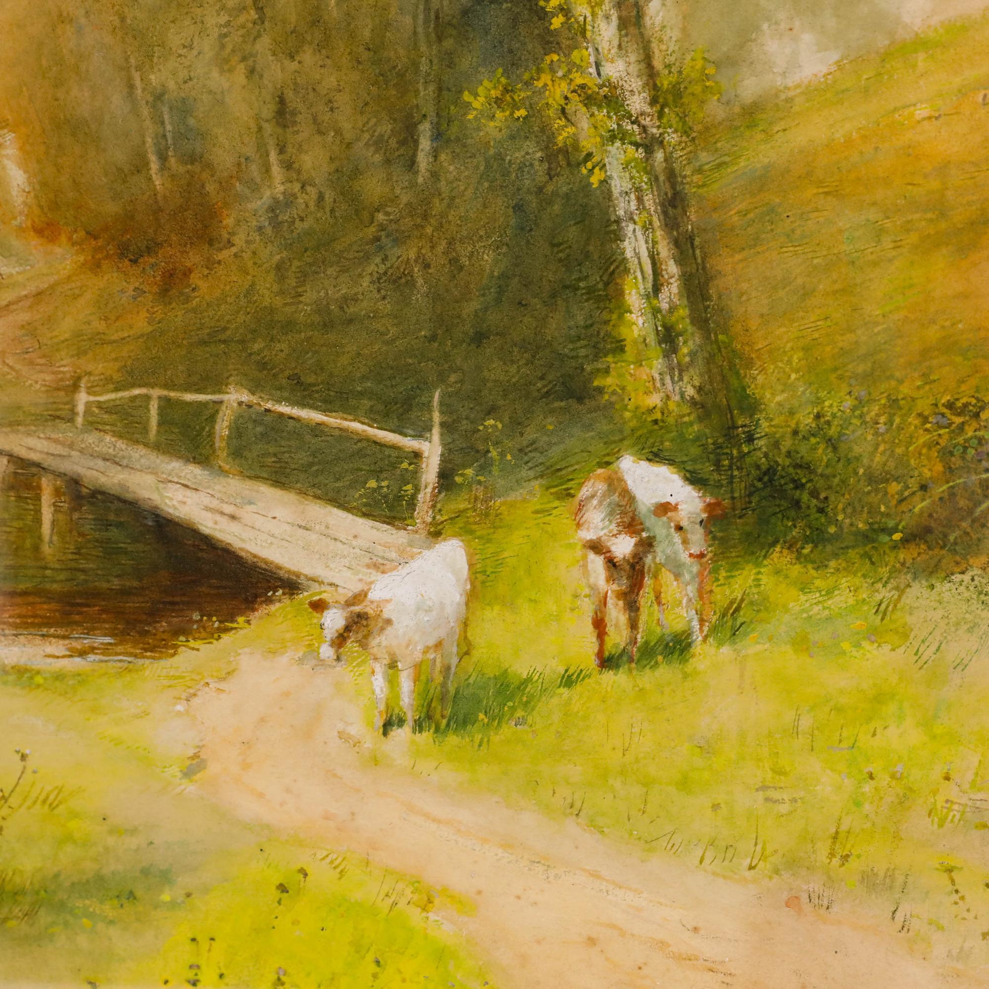 Frederick Hines (fl.1875-1928) - Gerahmtes Aquarell, Rinder neben einem Steg im Angebot 3