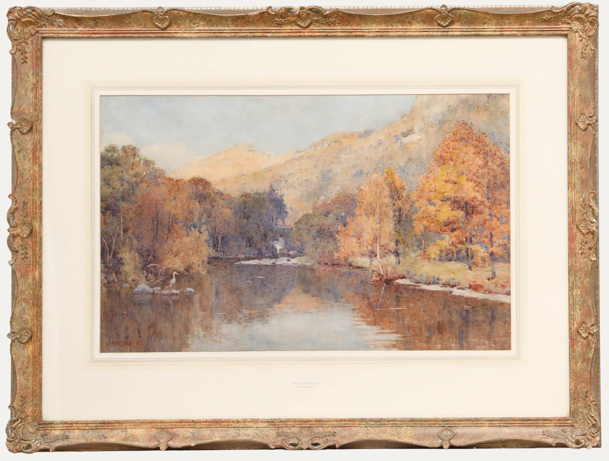 Unknown Landscape Art – Willie Stephenson (1857-1938) - Aquarell, Reiher in einer Herbstlandschaft