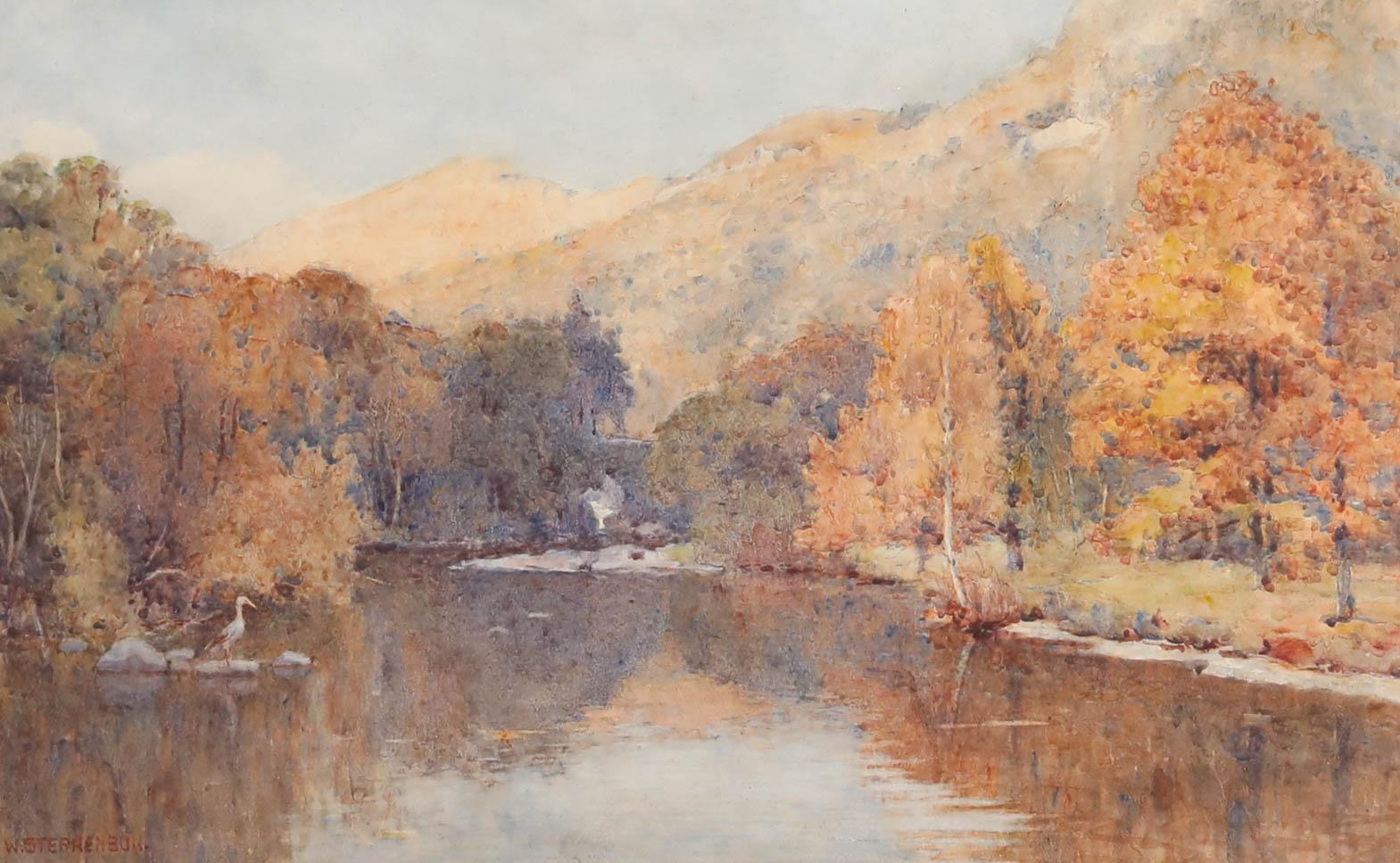 Willie Stephenson (1857-1938) - Aquarell, Reiher in einer Herbstlandschaft – Art von Unknown