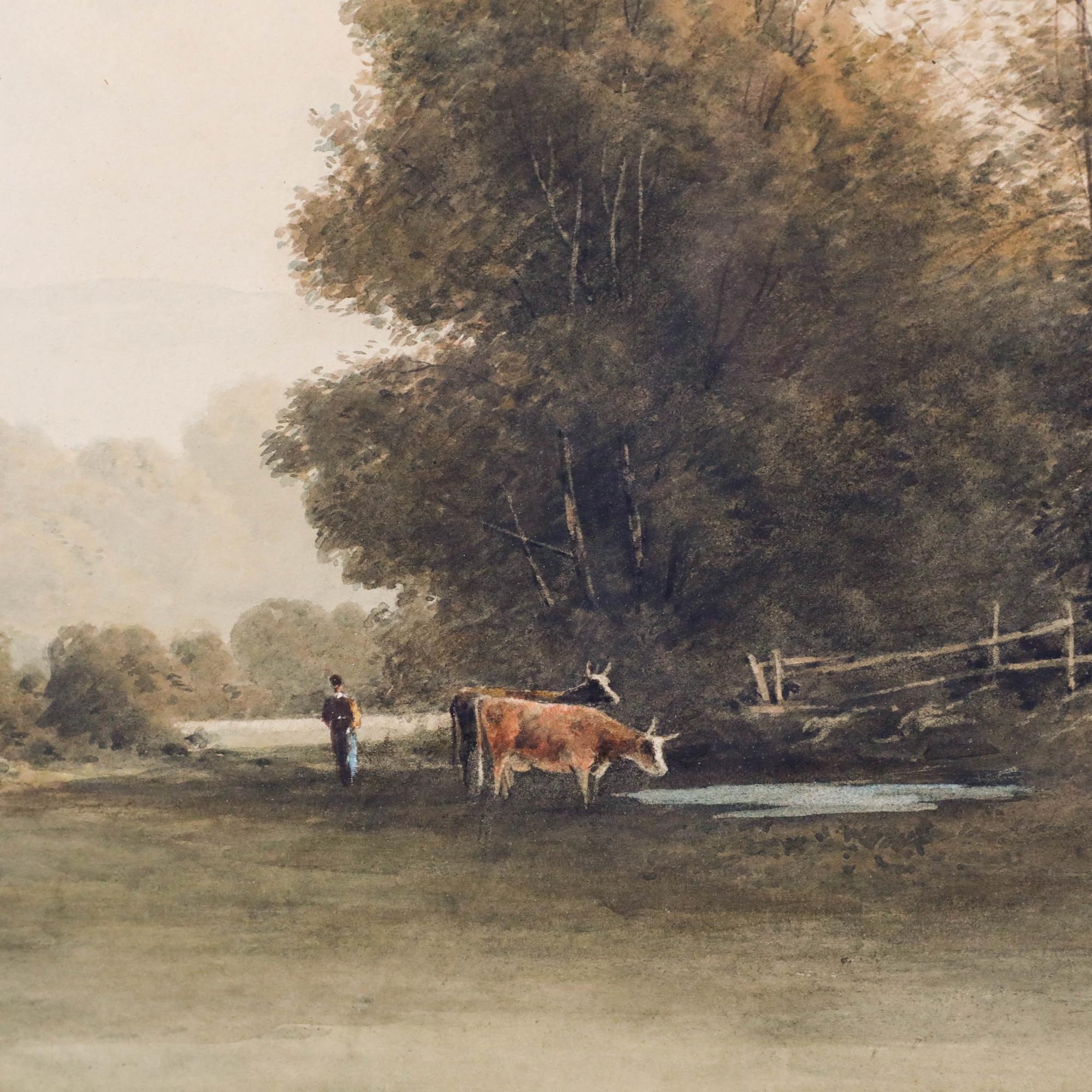 Questo dipinto di paesaggio pastorale raffigura una serena scena di campagna con bestiame al pascolo in un campo aperto, accompagnato da una figura di pastore sotto una chioma di alberi maturi. La composizione utilizza una tavolozza calda e dorata e