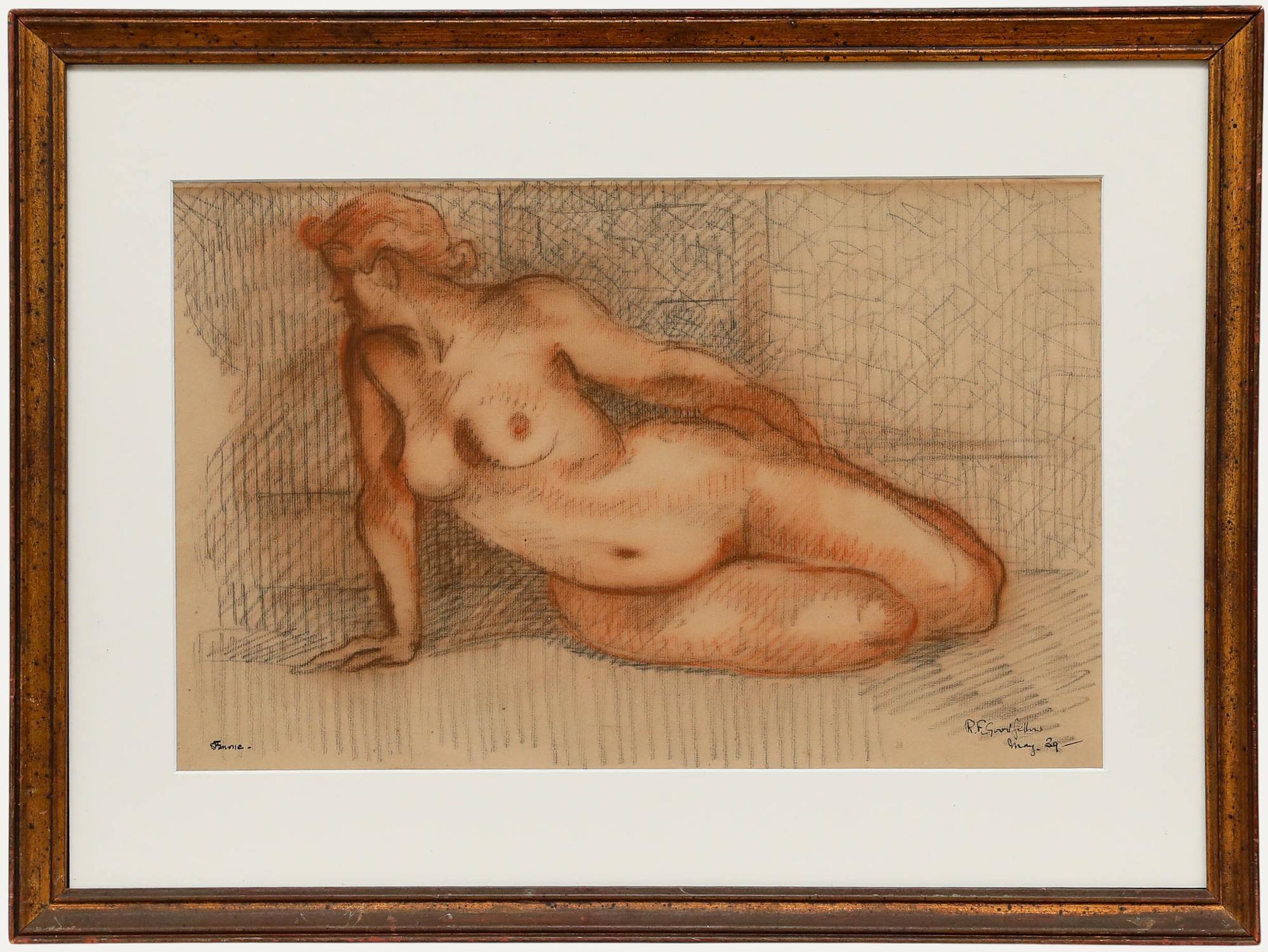 Unknown Nude – Reginald F. Goodfellow (1894-1985) - 1939 Farbstift, Liegender Akt