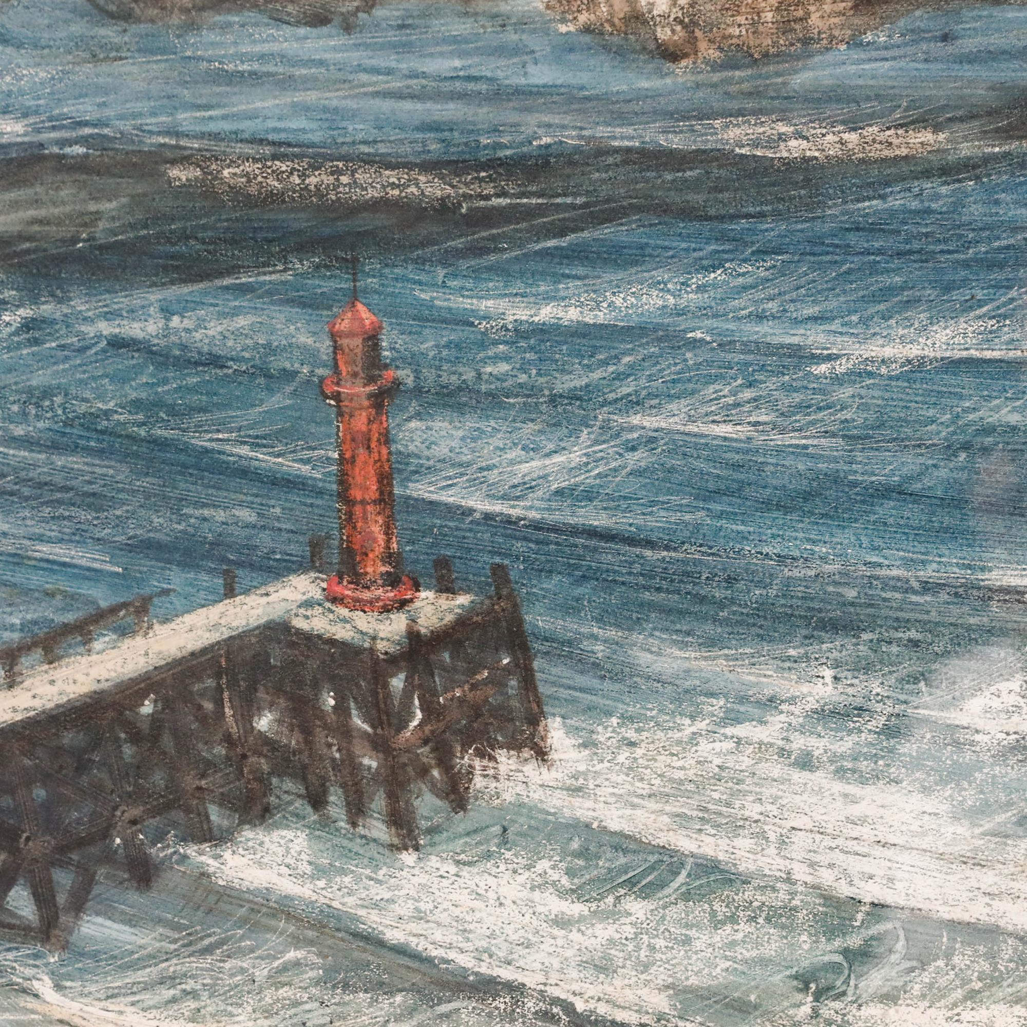 Une charmante aquarelle de l'artiste Thomas William Ward (1918-2000). L'artiste utilise une palette de bleus et de verts profonds, accentués par des touches de mousse blanche, pour évoquer le mouvement de l'océan. Signé en bas à droite. Bien