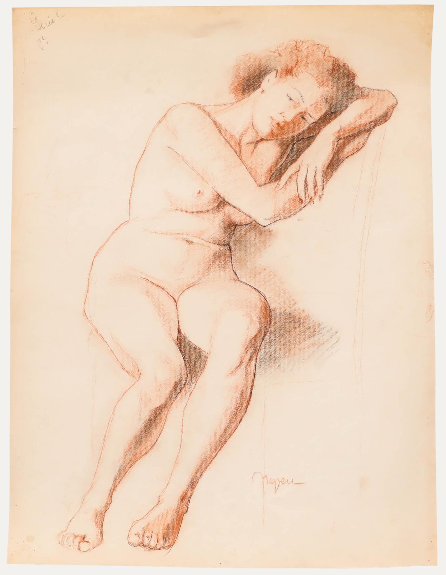 Pierre Neveu (b.1929) - Mid 20th Century Chalk Drawing, Lady in Sanguine