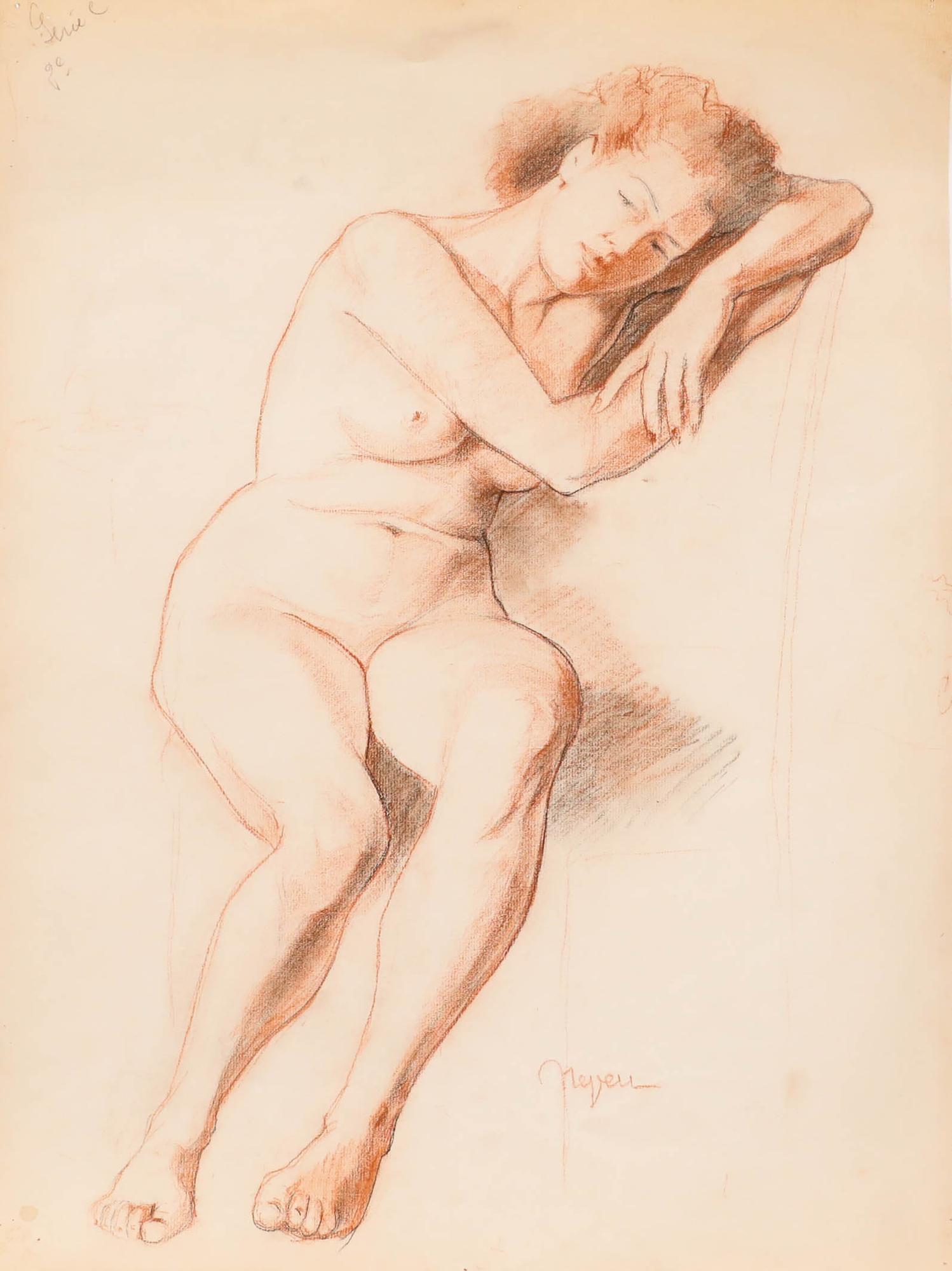 Pierre Neveu (b.1929) - Mid 20th Century Chalk Drawing, Lady in Sanguine For Sale 1