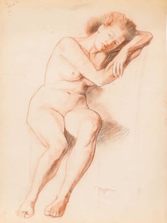 Pierre Neveu (nato nel 1929) - Disegno a gesso della metà del 20° secolo, Signora in salsa di sangue