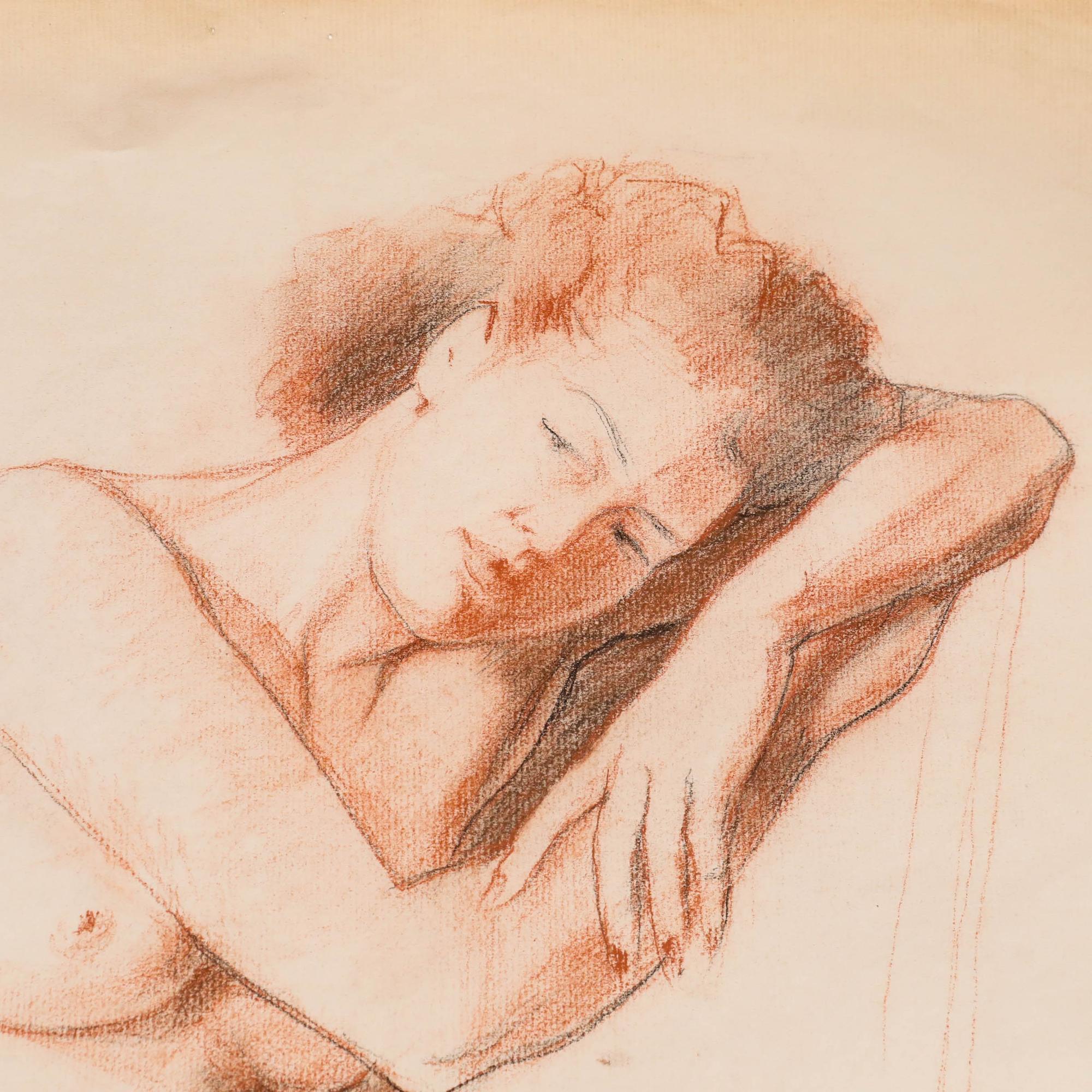 Pierre Neveu (b.1929) - Mid 20th Century Chalk Drawing, Lady in Sanguine For Sale 3