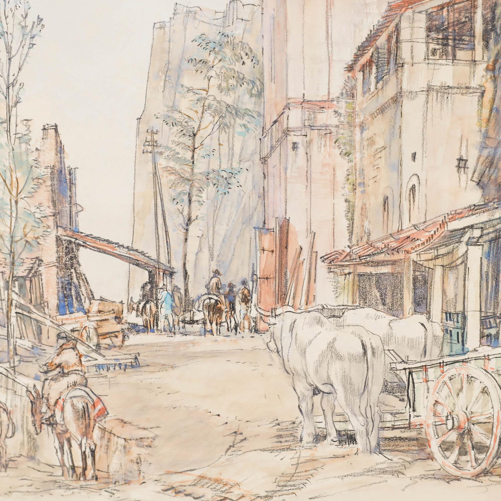 Encantador estudio en acuarela y grafito de una escena callejera en Orvieto, Italia. Firmado en la parte inferior derecha. Inscrito en el reverso 