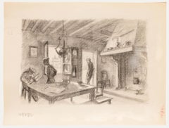 Pierre Neveu (nato nel 1929) - Disegno a carboncino della metà del XX secolo, Scena d'interni