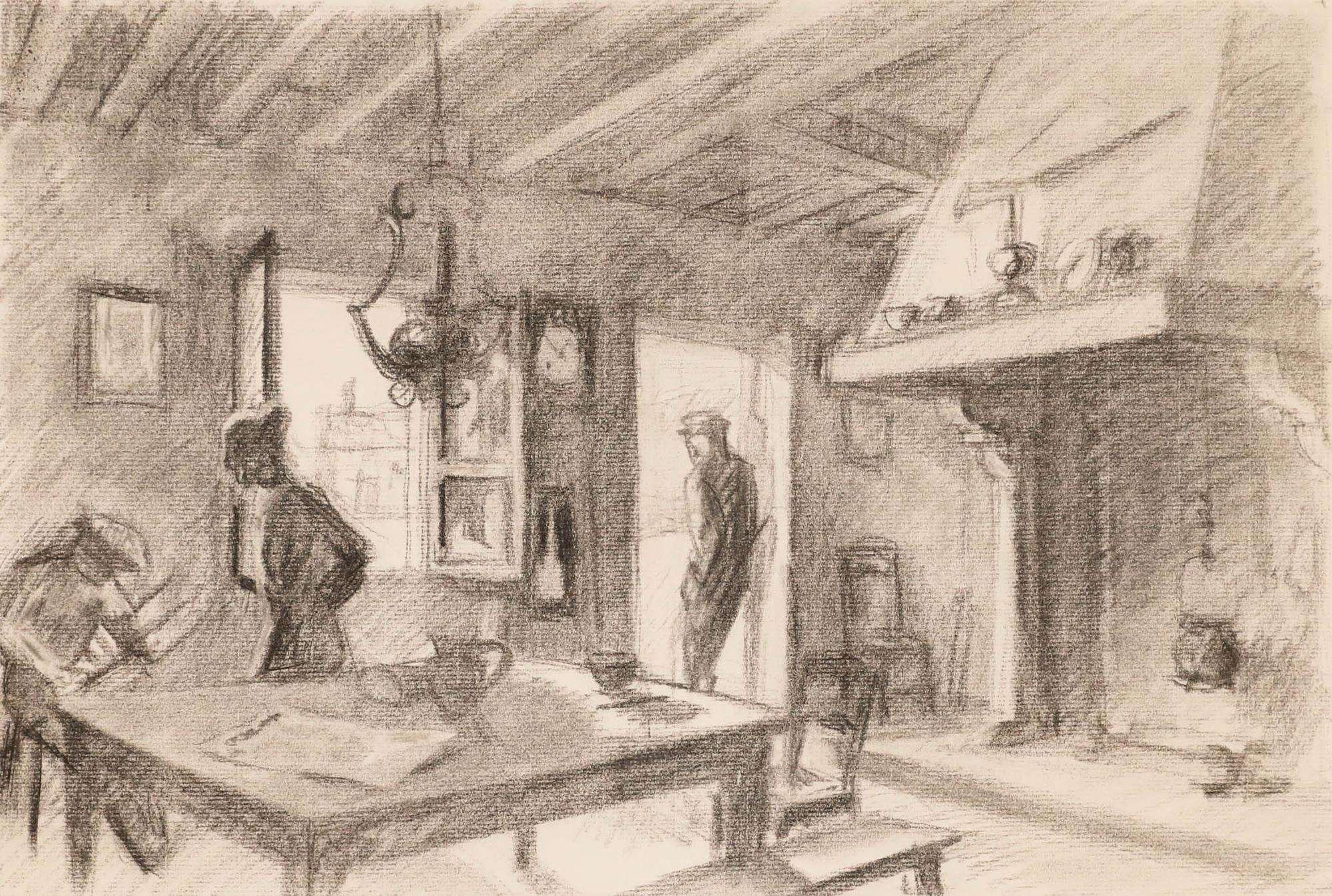 Pierre Neveu (nato nel 1929) - Disegno a carboncino della metà del XX secolo, Scena d'interni in vendita 1