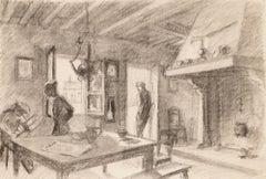 Pierre Neveu (geb. 1929) - Mitte 20. Jahrhundert Kohlezeichnung, Innenszene