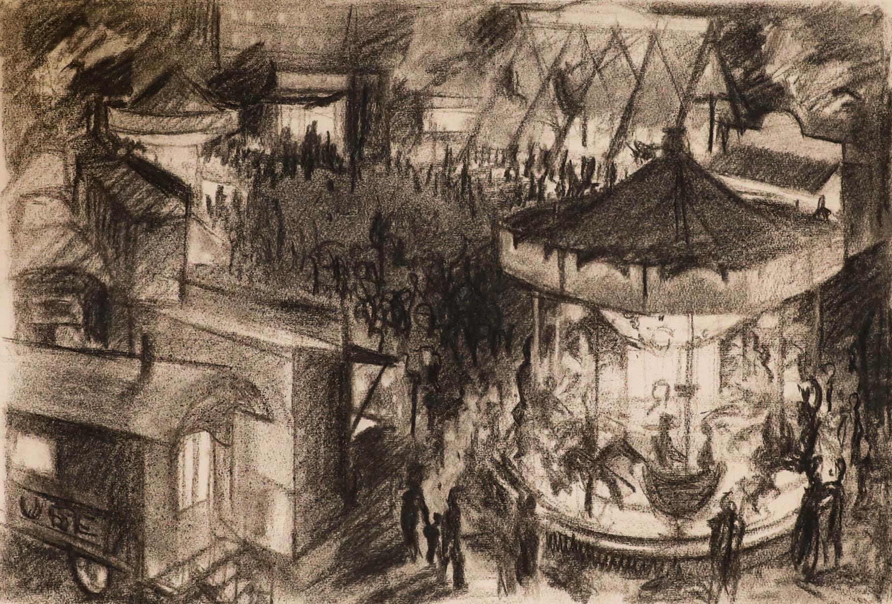 Pierre Neveu (b.1929) - Mid 20th Century Charcoal Drawing, Funfair For Sale 1