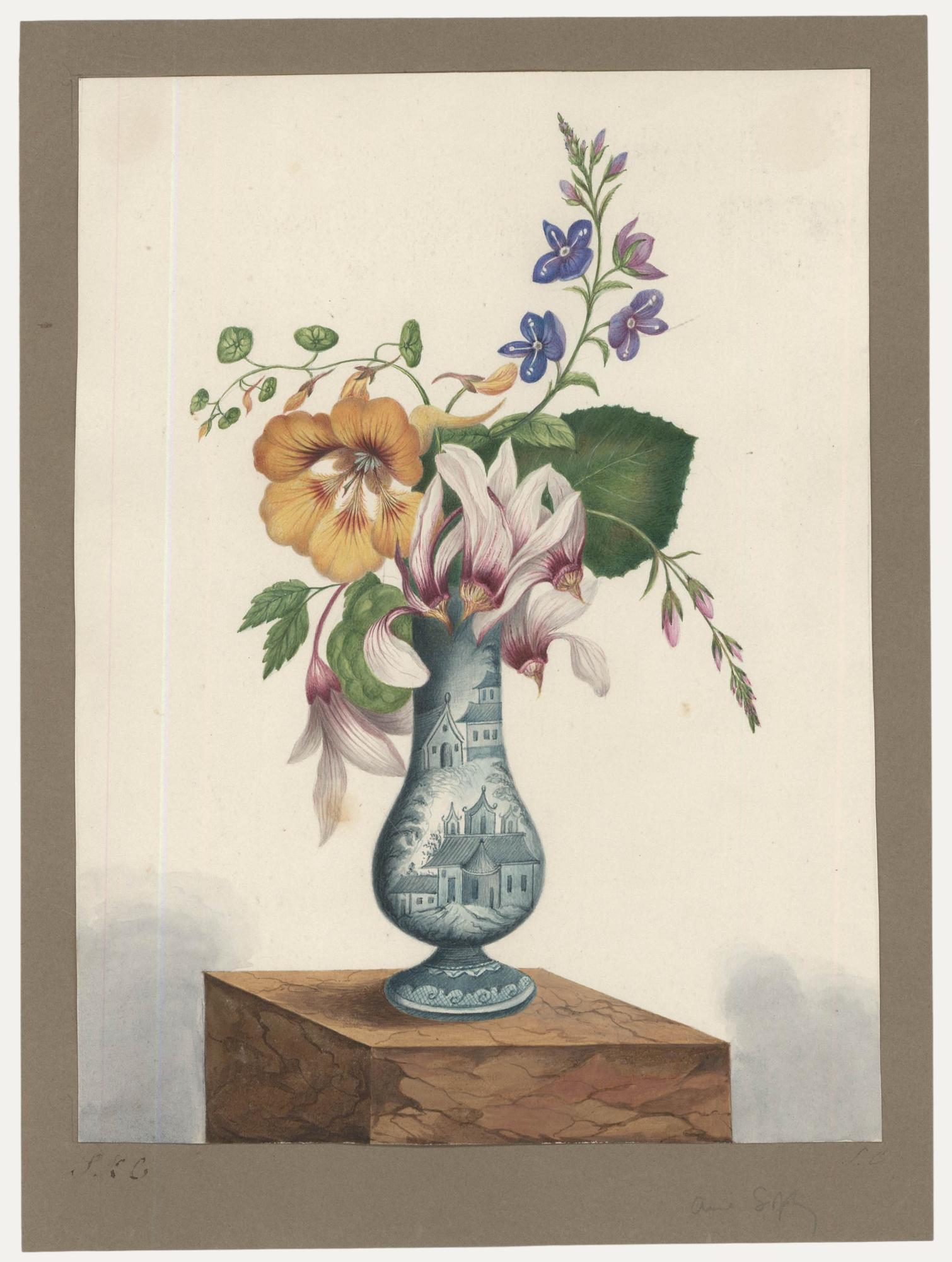 Sophia Katherine Charleton (1789-1844) - Watercolour, Flowers in a Delft Vase