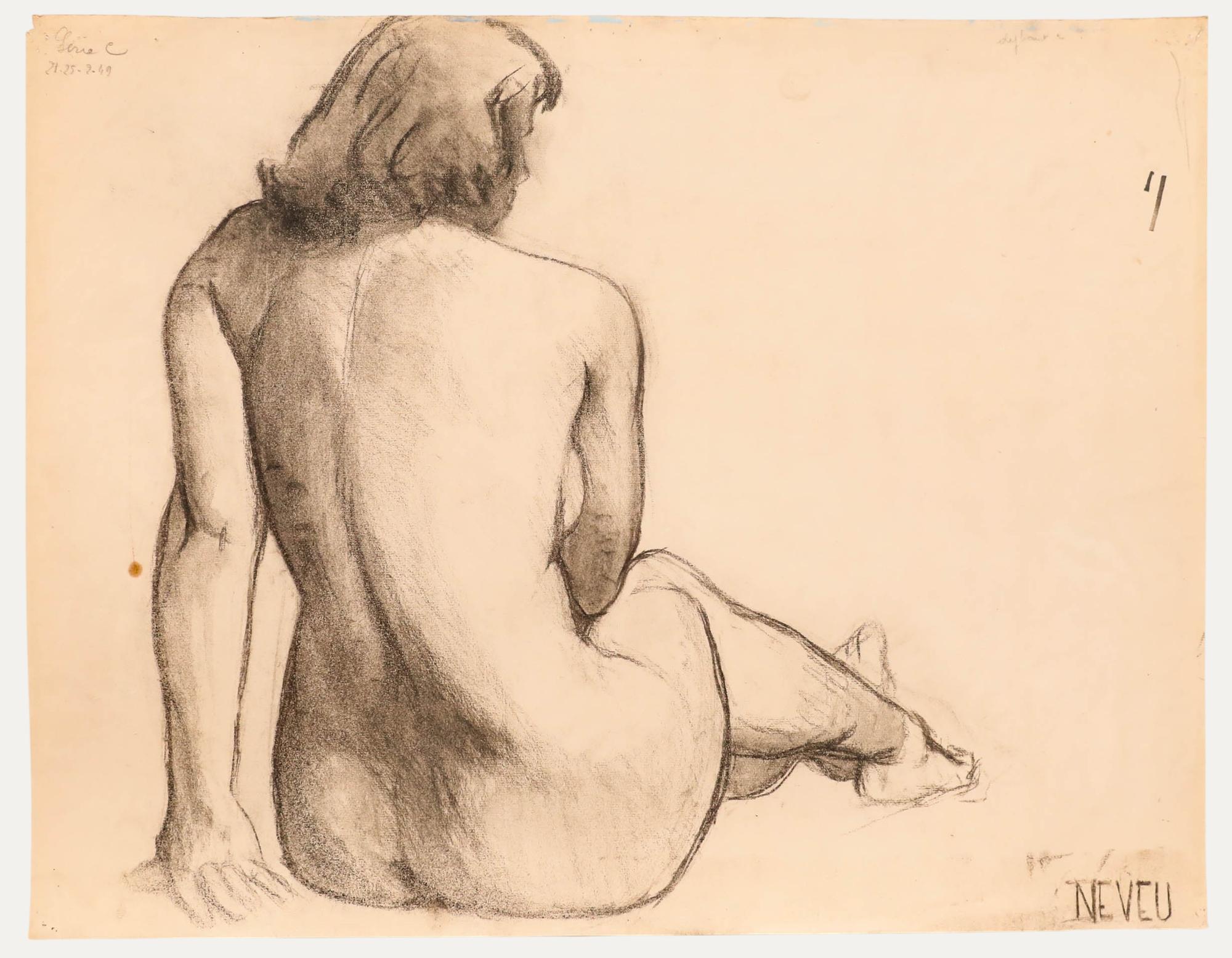 Pierre Neveu (né en 1929) - 1949 Dessin au fusain, étude d'une dame