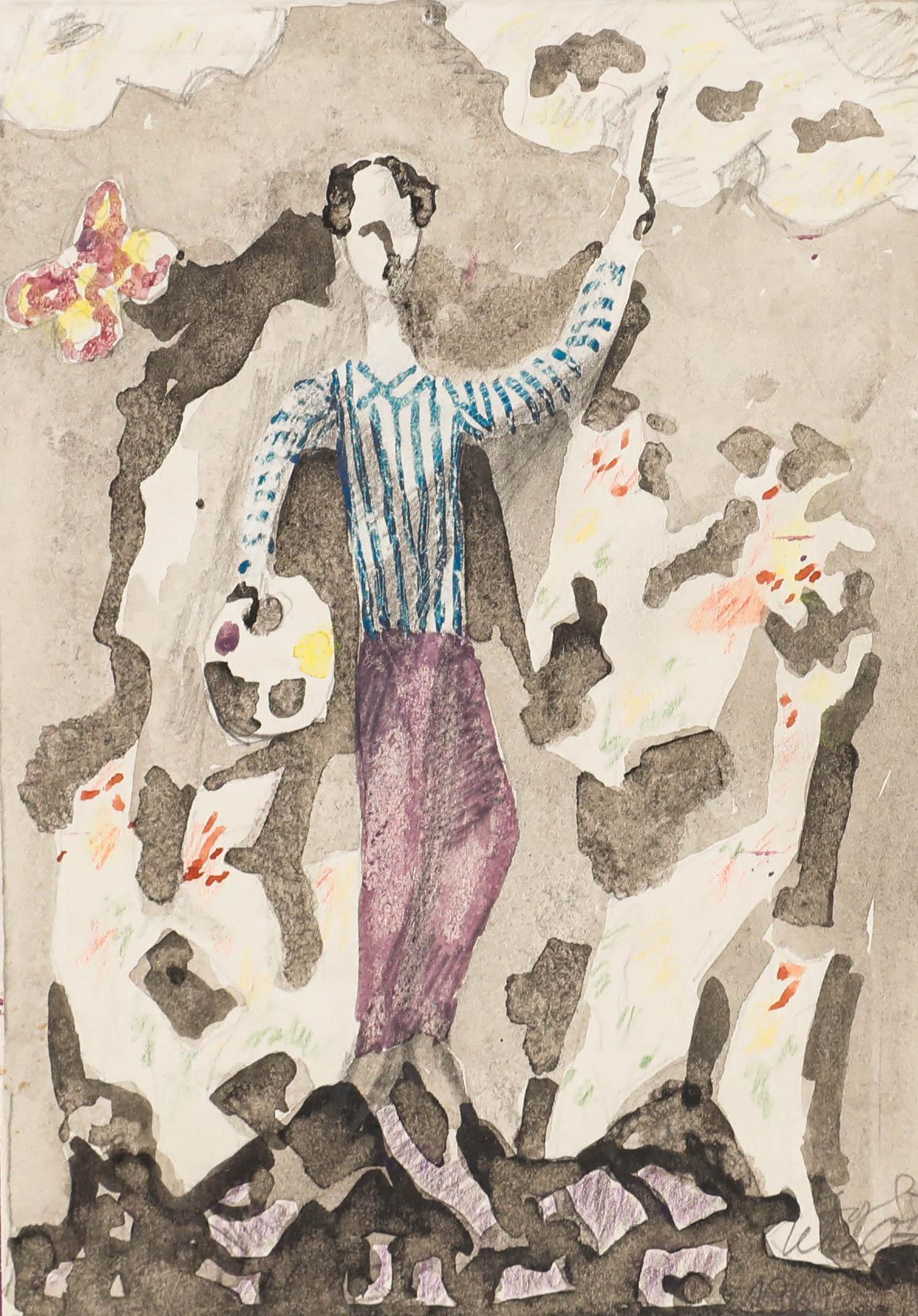 Dorde (Djordje) Ilic (1920-2010) - 1969 Gouache, El Artista - Abstract Drawing Marrón de Unknown