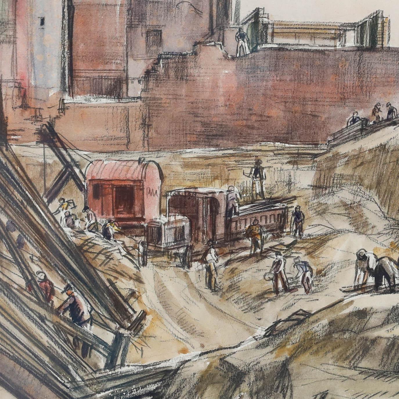 Un suggestivo acquerello e grafite dell'artista Joseph Ridley Ratcliffe McCulloch che raffigura dei lavori di costruzione a Leeds. Firmato in basso a destra. Inscritto sul retro. Ben presentato in una cornice con effetto dorato. Sulla carta.