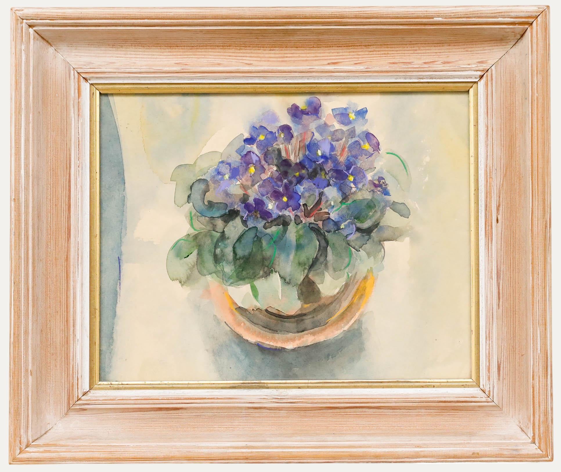 Isobel Burgess - Aquarelle contemporaine encadrée, Violettes africaines