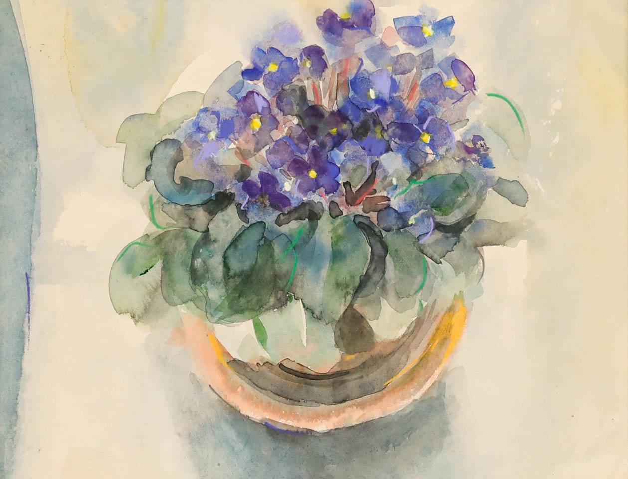 Isobel Burgess - Acuarela contemporánea enmarcada, Violetas africanas - Art de Unknown