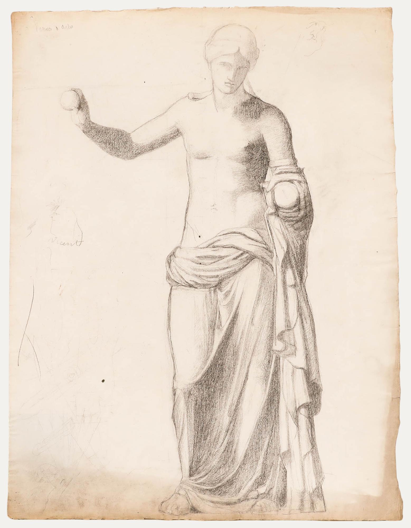 Une étude délicate de la 'Vénus d'Arles' par l'artiste Henri Vincent-Anglade (1876-1956). D'autres esquisses légères sont notées au fil de la page. Signé. Sur la table.