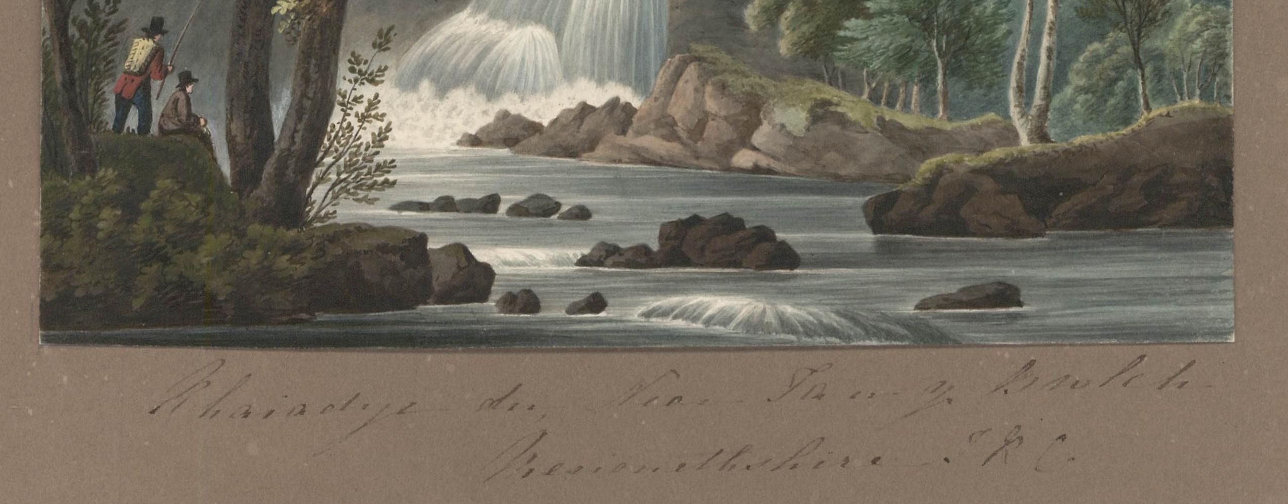 Esta acuarela exquisitamente ejecutada representa una pintoresca vista de la cascada de Rhaladyr Du con dos figuras pescando a la izquierda. La obra está firmada con las iniciales del artista en el papel de soporte e inscrita con los datos de la