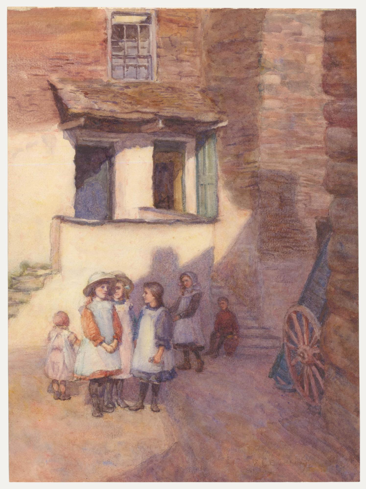 Figurative Art di Unknown - F. L. Bradbury - Acquerello del XX secolo, I bambini del villaggio