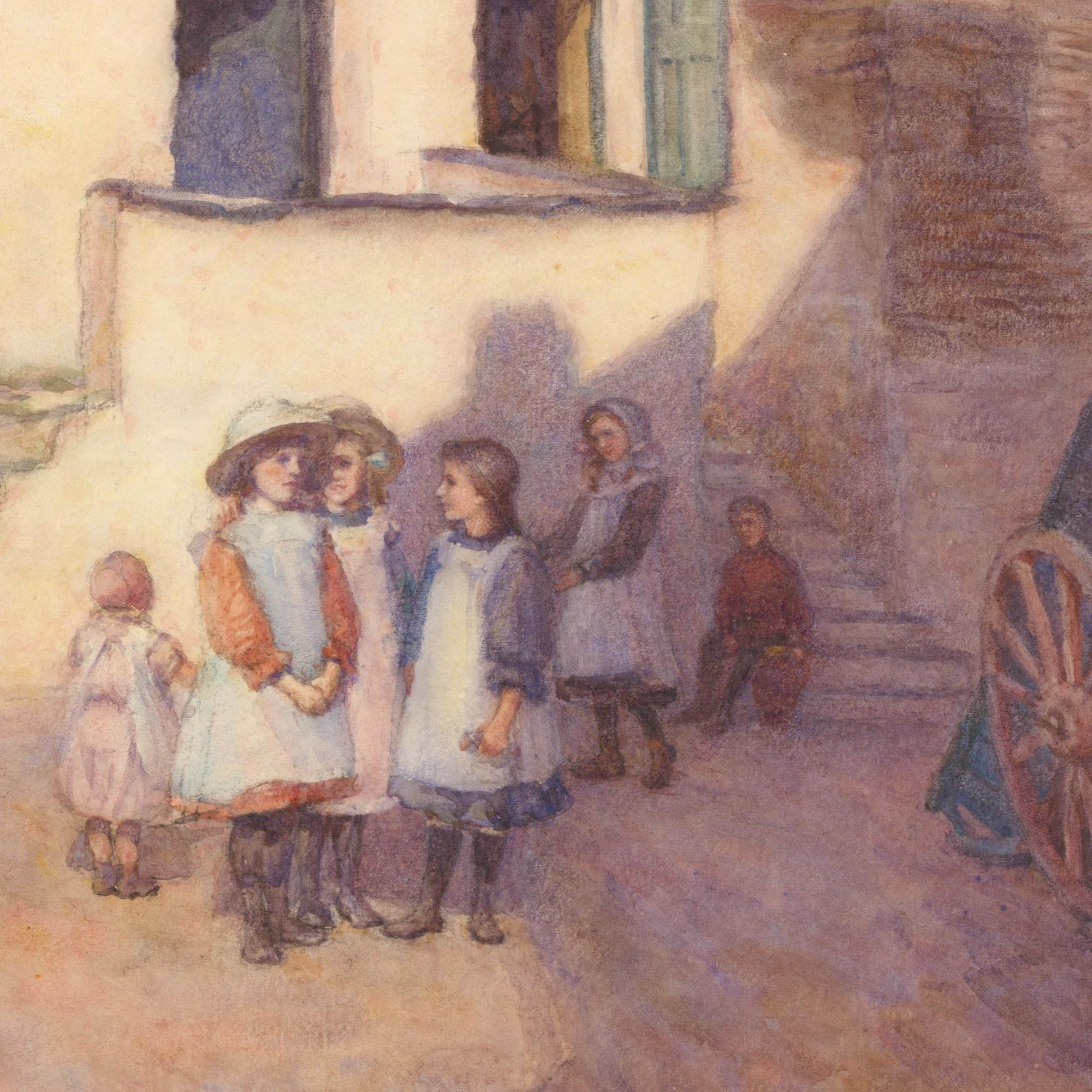 F. L. Bradbury - Acquerello del XX secolo, I bambini del villaggio - Figurative Art Marrone di Unknown