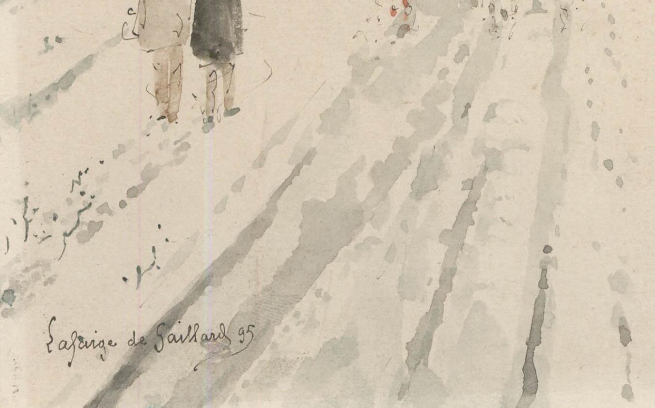 Questa suggestiva scena invernale raffigura un corteo militare che attraversa le strade di un villaggio europeo coperto di neve, con i soldati in uniforme che marciano in formazione mentre i civili osservano dal ciglio della strada innevata. Firmato