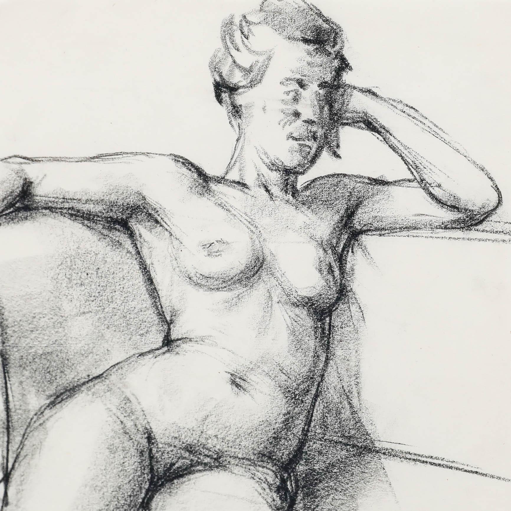 Peter Collins ARCA - Disegno a carboncino del XX secolo, Nudo su divano in vendita 3