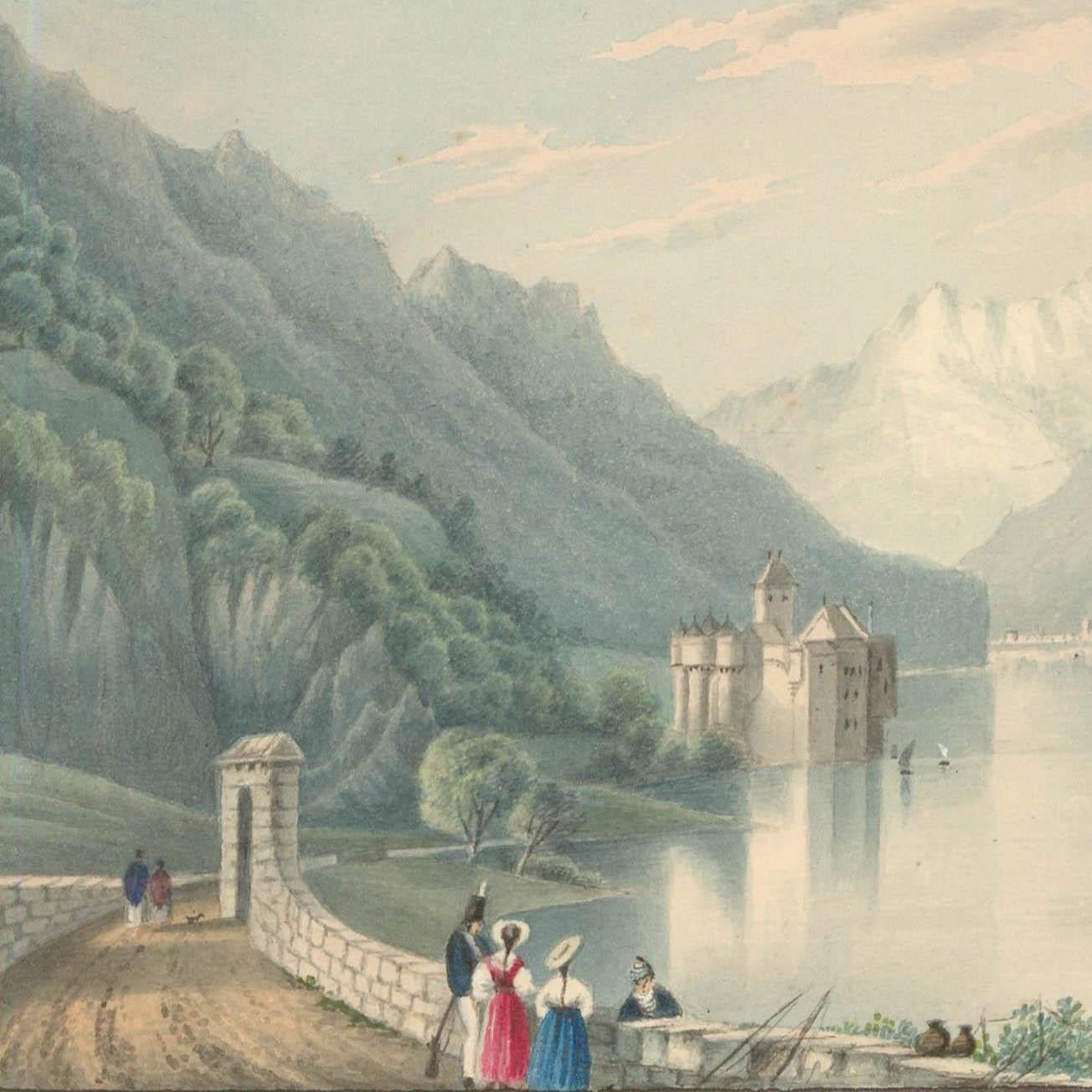 Thomas Remnant Charleton (1756-1849) - Acquerello, Castello di Chillon - Landscape Art Beige di Unknown