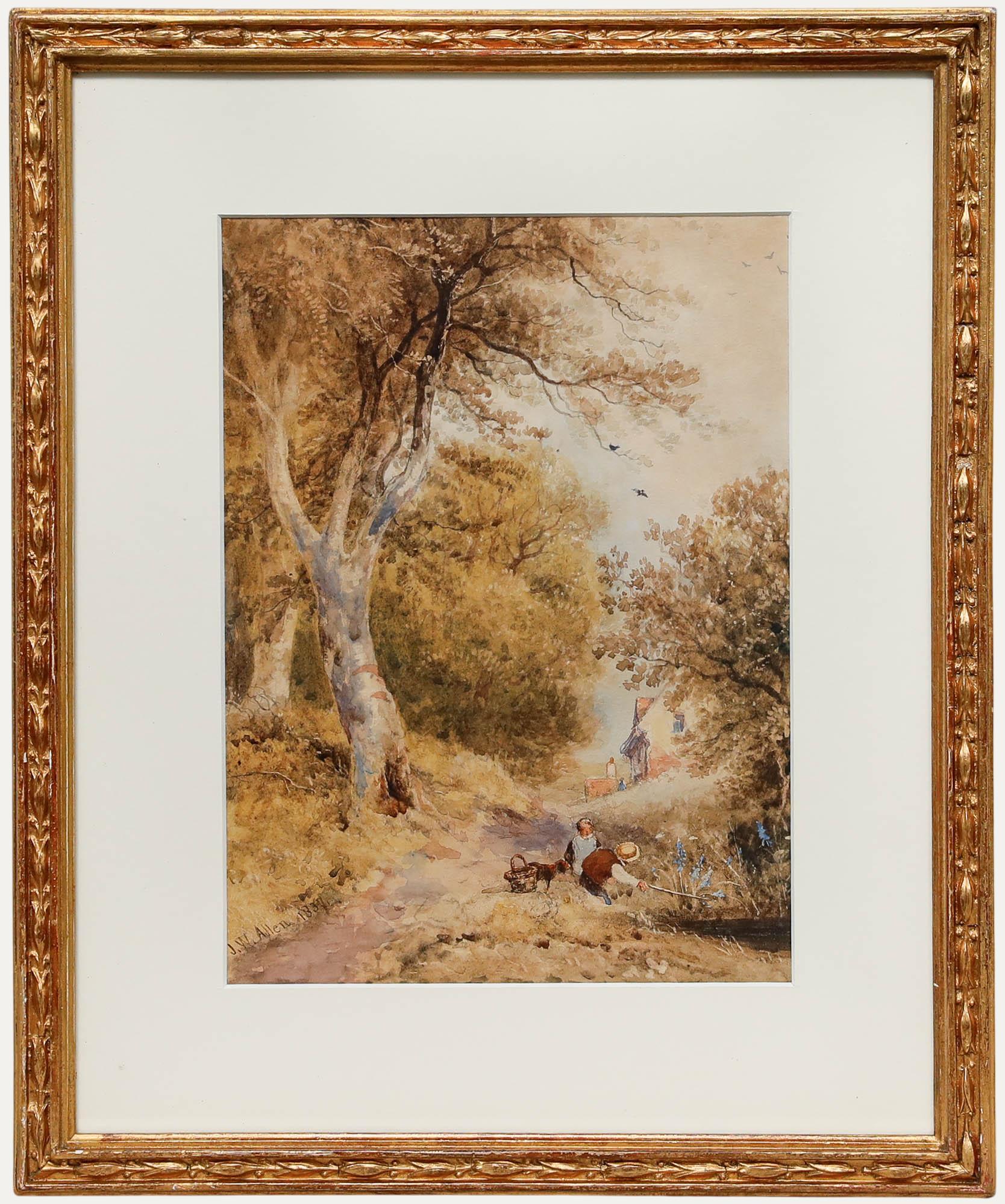 J.W. Allen (1803-1852) - Acquerello del 1839, Bambini che giocano su un sentiero di Wood