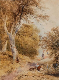 J.W. Allen (1803-1852) - 1839 Watercolour, Children Playing on a Wooded Path