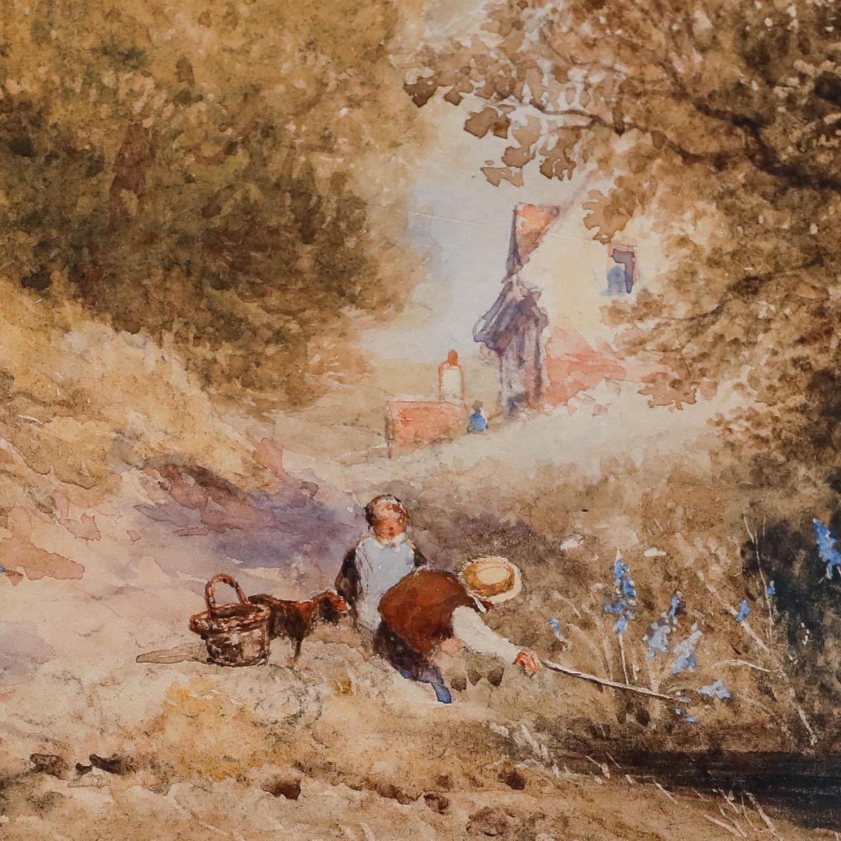 Questa incantevole e pittoresca scena pastorale raffigura dei bambini che giocano lungo un sentiero nel bosco, con un cottage visibile oltre. Firmato e datato in basso a sinistra. Ben presentato in una cornice con effetto dorato. Su carta