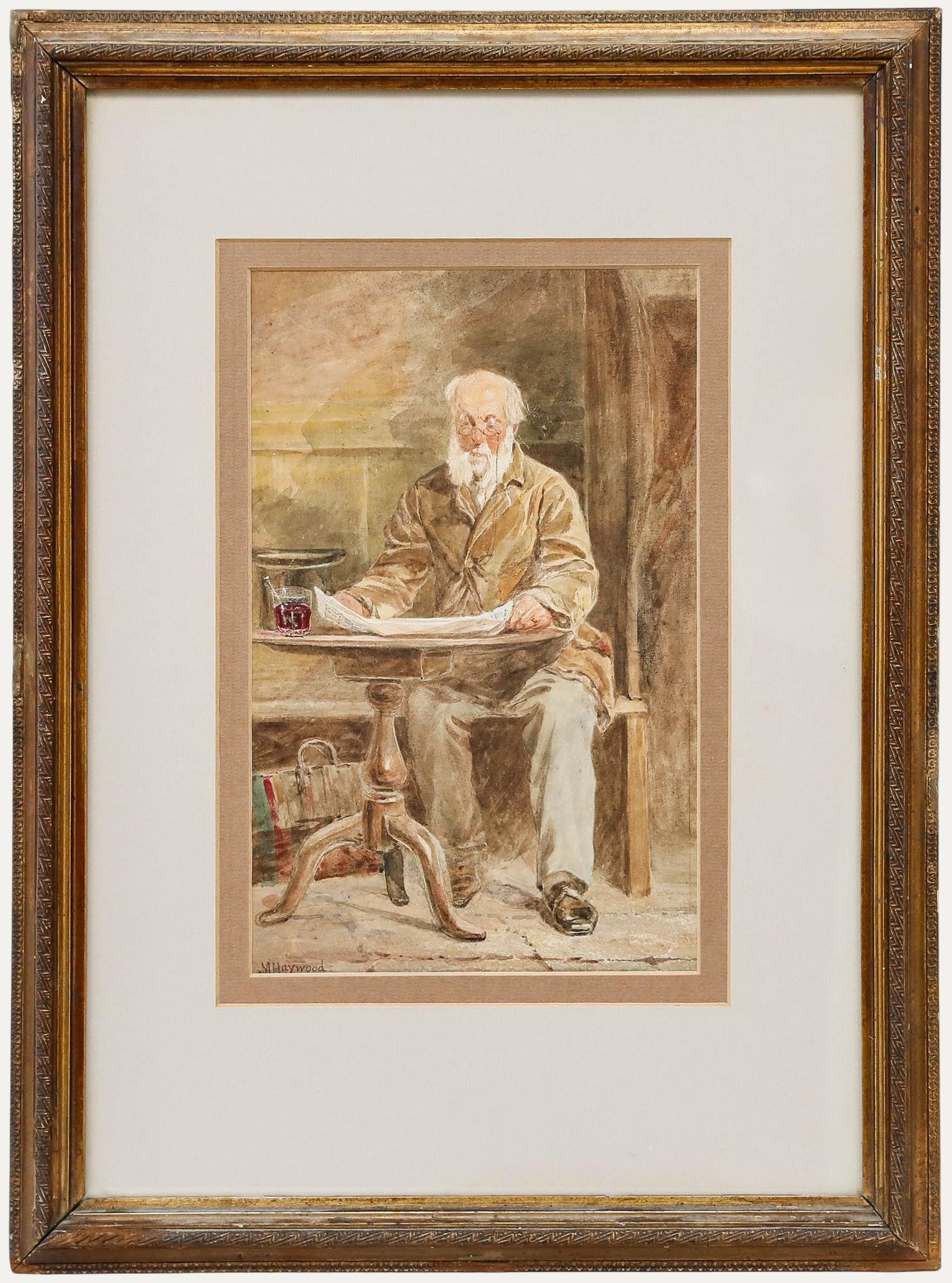 Unknown Portrait - M. Haywood - Framed Late 19th Century Watercolour, Reading the Morning Paper
