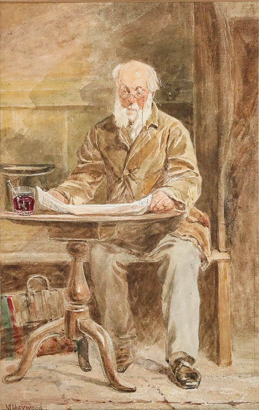 M. Haywood - Framed Late 19th Century Watercolour, Reading the Morning Paper - Art by Unknown