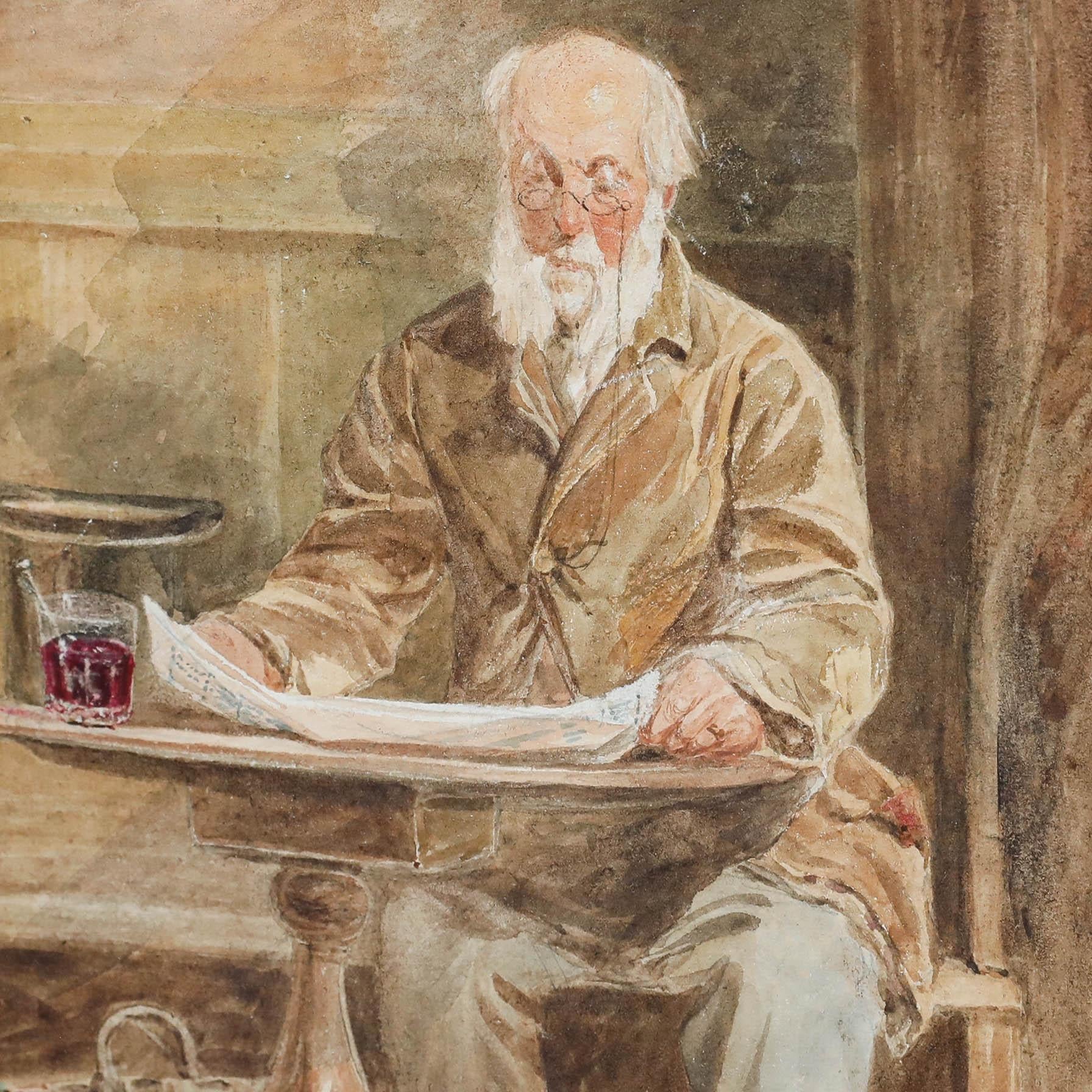 This intimate portrait depicts an elderly gentleman seated at a wooden table, absorbed in reading his morning paper. The artist employs warm, earthy tones and soft brushwork to create a cosy domestic scene, with careful attention to the subject's