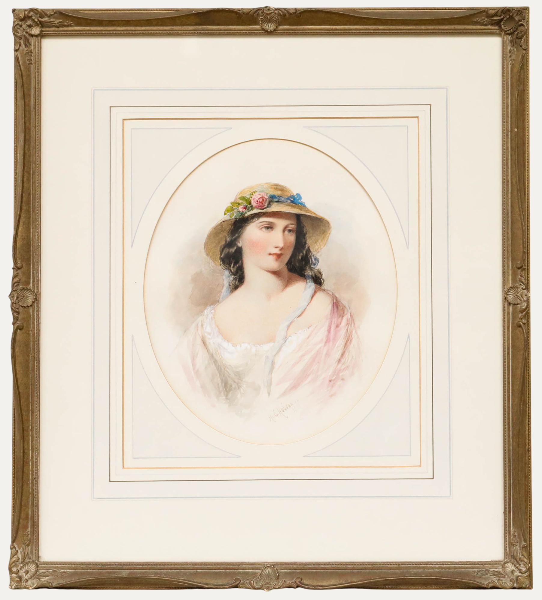 Portrait di Henry Edrington Hobson - Henry E. Hobson (1820-1881) - Acquerello del 1866, Ritratto di una giovane signora in rosa