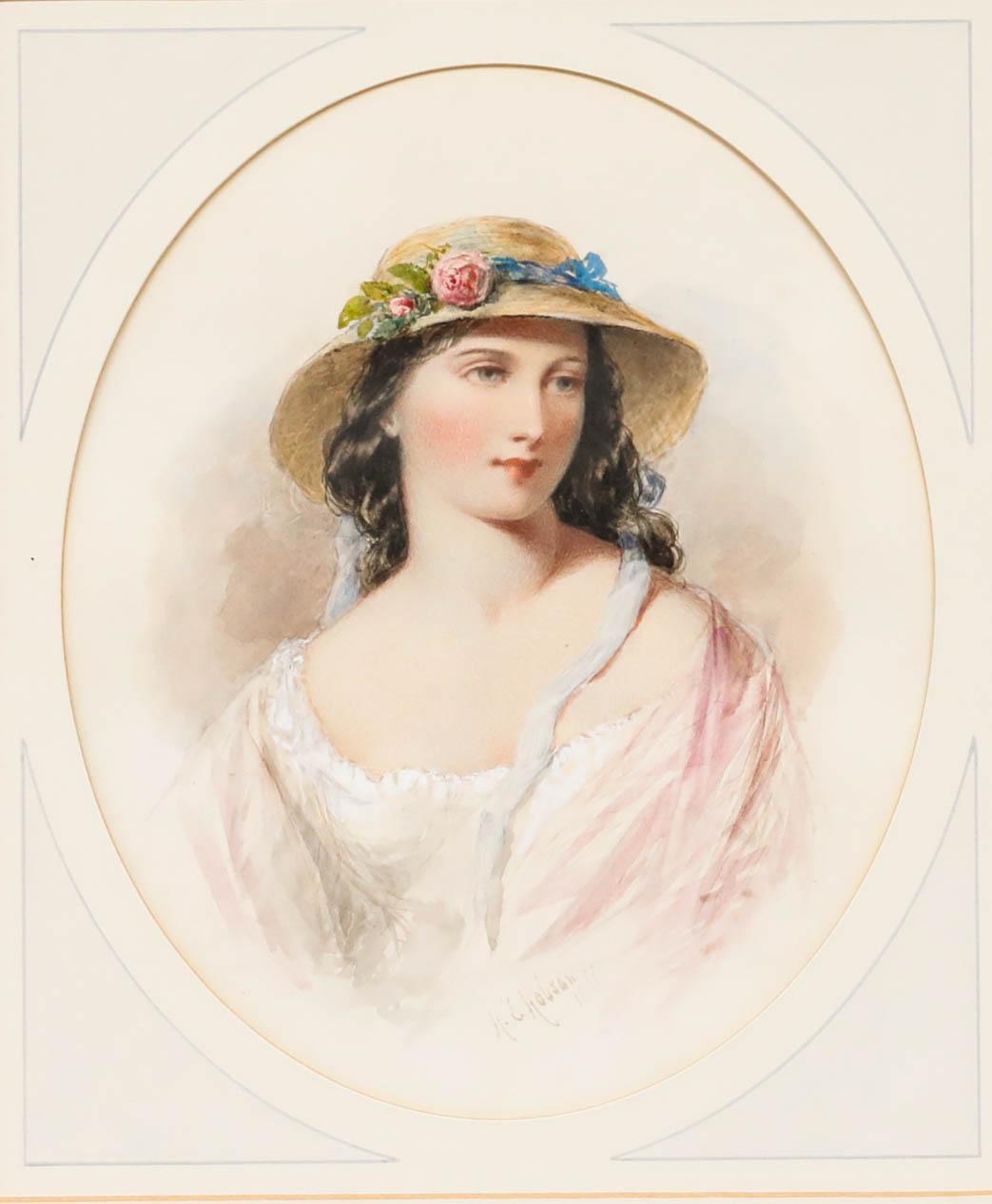 Henry E. Hobson (1820-1881) - Acquerello del 1866, Ritratto di una giovane signora in rosa - Art di Henry Edrington Hobson