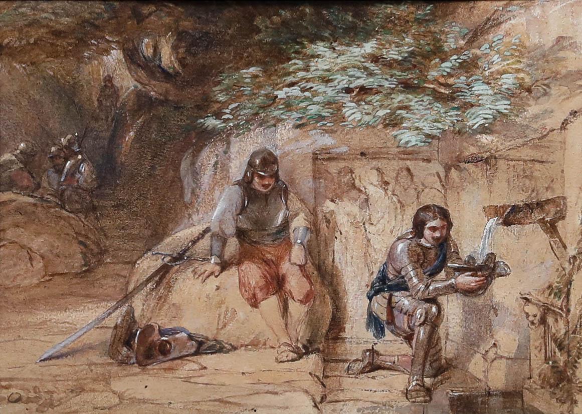 Manière de George Cattermole (1800-1868) - Aquarelle encadrée, Chevaliers au repos - Art de Unknown