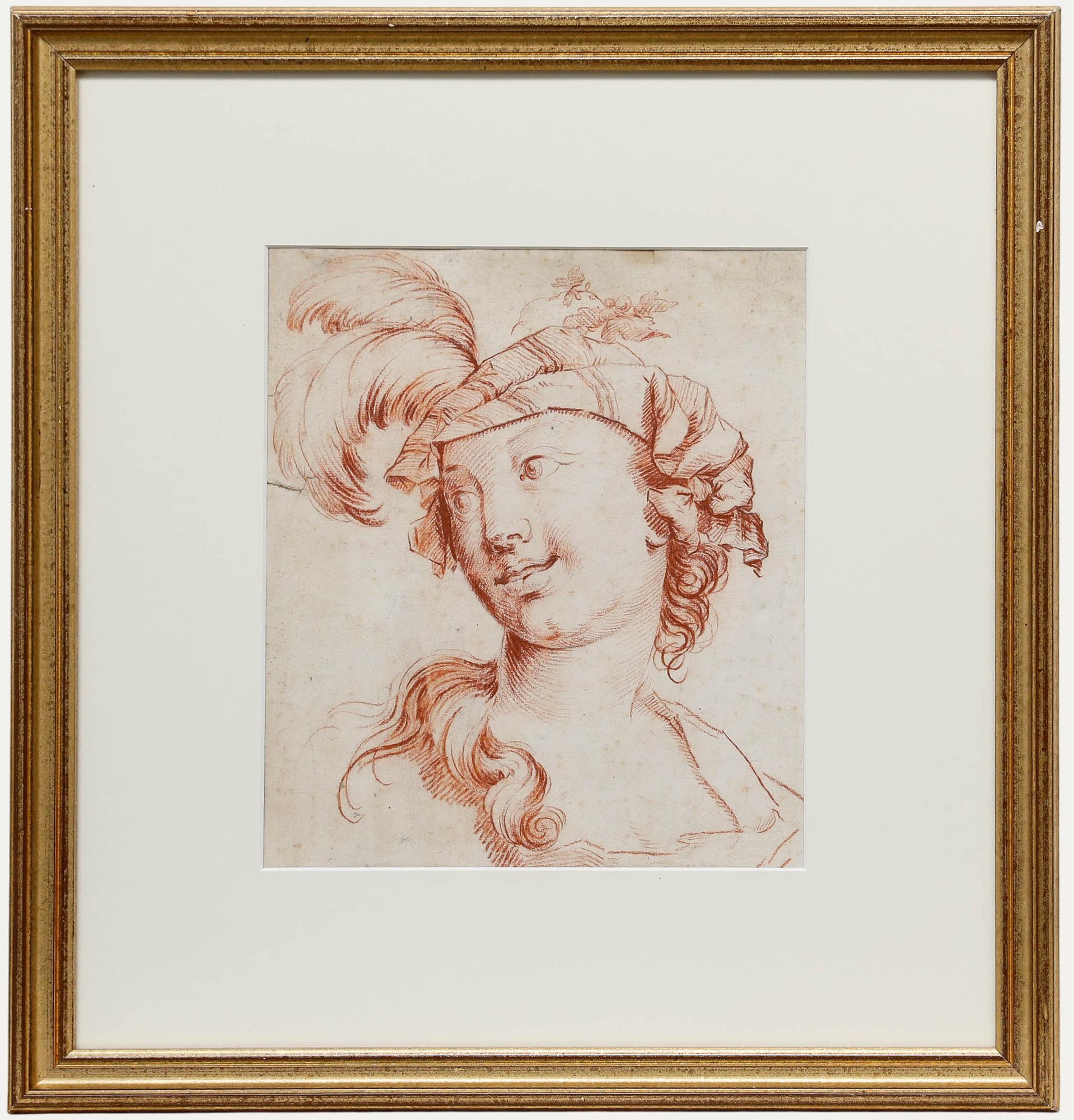 Sanguine du 19e siècle - Dame au chapeau à plumes