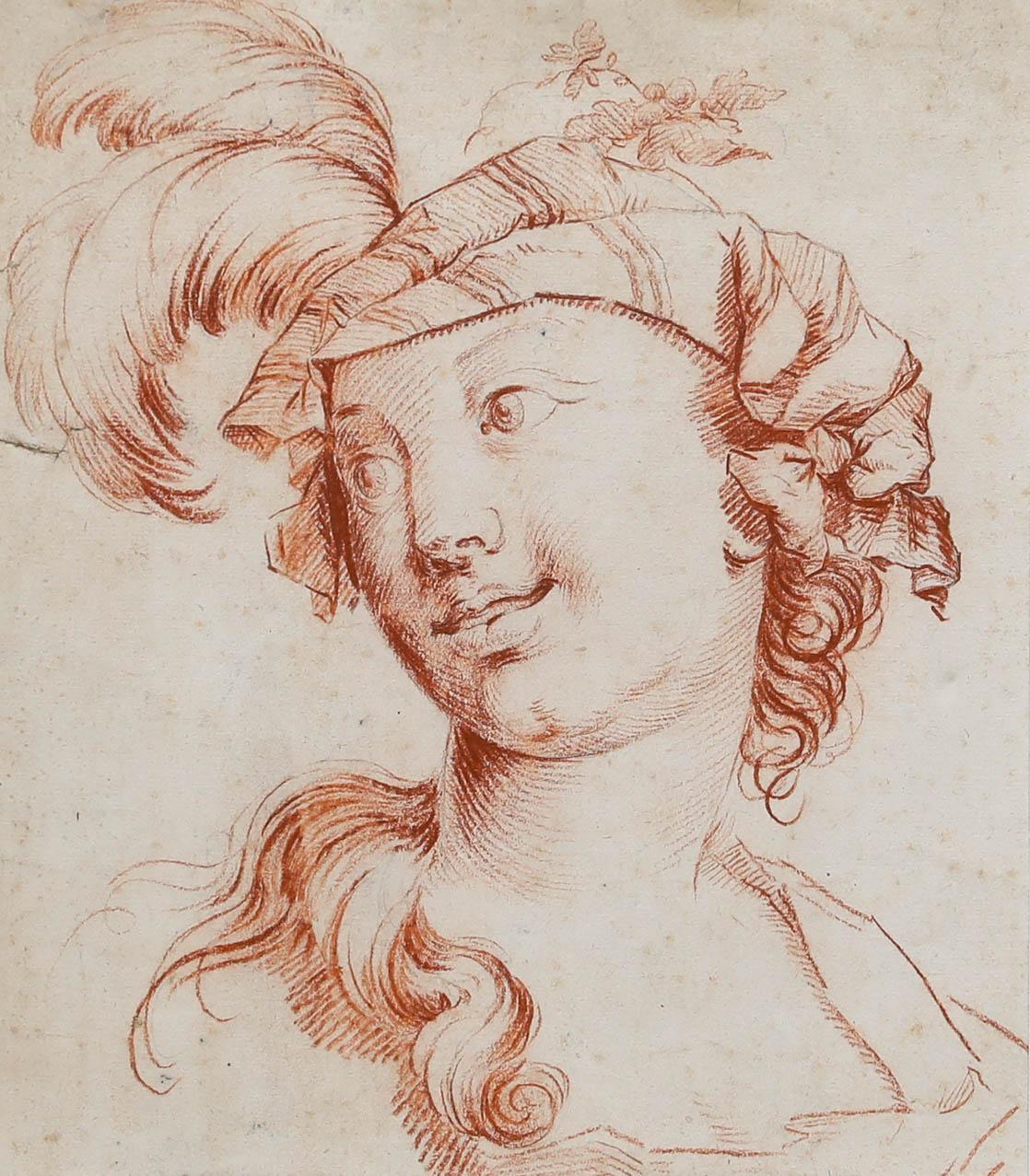 Sanguina del siglo XIX - Dama con sombrero de plumas - Art de Unknown